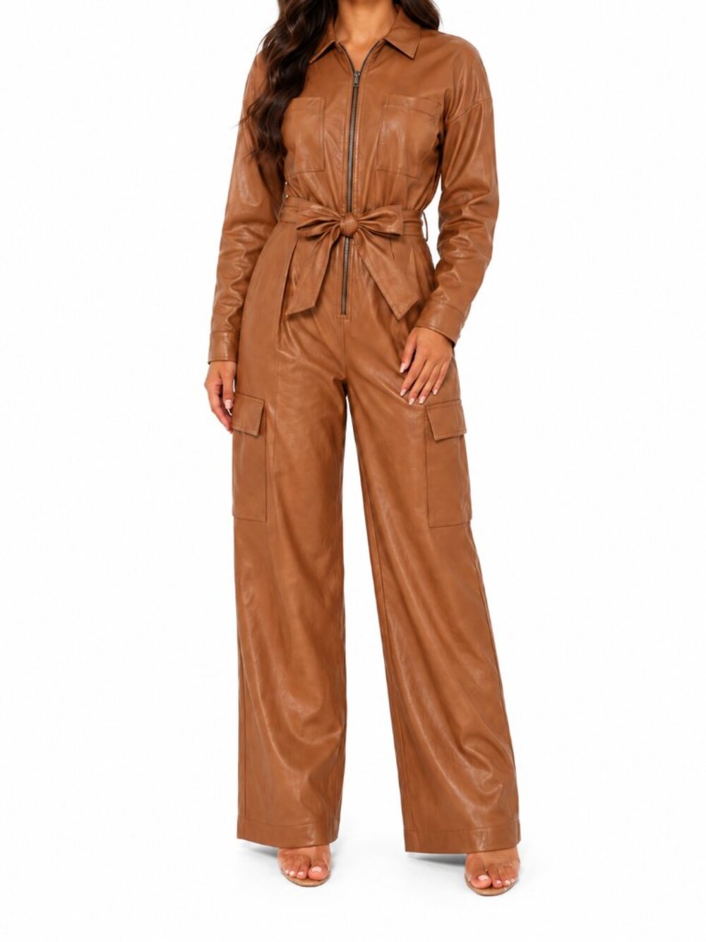 Choosy Women's Brown Faux Leather Belted Cargo Utility Jumpsuit, 2